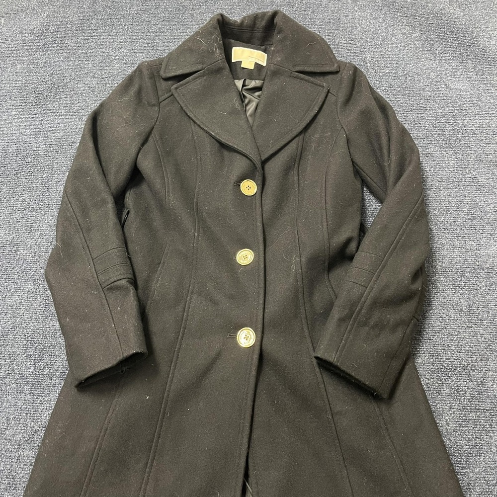 Michael Michael Kors Coat Womens 0 Black Wool Blend Button Front Long Overcoat